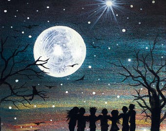 full moon group hug - silhouette - miniature miniature limited edition print mounted on wood