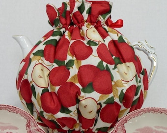 Handmade Tea Cozy - Tie On Tea Cozy- Country Red Apples Tie On Reversible Tea Cozy