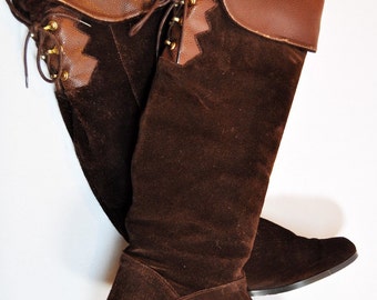 Vintage Knee High Fold Up Brown Suede Flat Boots with Lace Up Detail