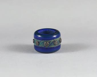 Dread Glass Bead - Blue and green with metallic dots, 6.6mm hole