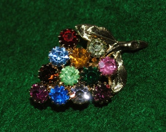 Vintage 1950's Gold Tone Multi Colored Rhinestone Grape Cluster Brooch