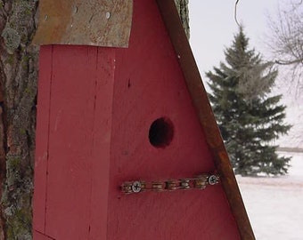 Rustic Birdhouse, Bird House, Outdoor Birdhouse, Functional Bird House, Red Bike Chain Perch House