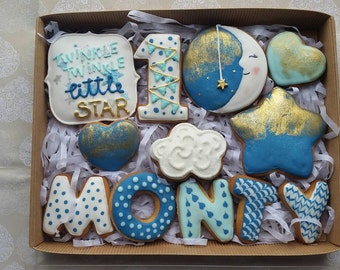 Moon and star cookie, twinkle twinkle cookie, first birthday cookies, new baby cookie gift, new born cookies, birthday cookies, christening