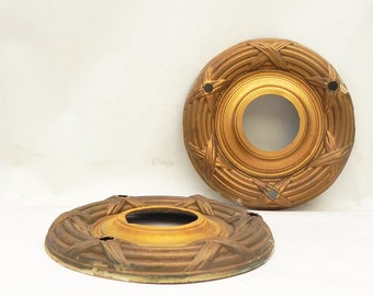 2 Vintage Stamped Brass Lamp Light Chandelier Ceiling Canopy Cap Parts 7-3/4"W