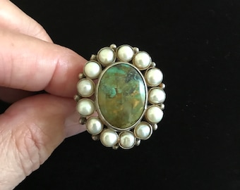 SALE! Lovely Green Turquoise, Pearl & Sterling Silver Ring