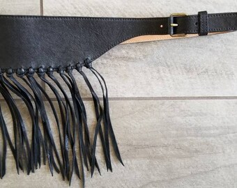 Ladies fringe black leather belt