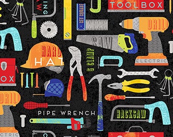 Tools on Black from Northcott Fabric's Nuts and Bolt Collection by Deborah Edwards - Construction