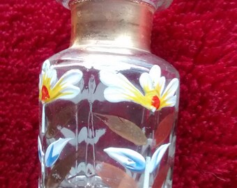 Antique Hand Painted Glass Perfume Bottle With Cut Glass Stopper
