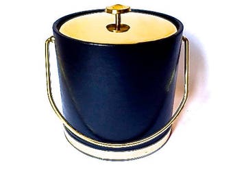 Vintage 80's Black and Gold Faux Leather Ice Bucket