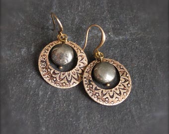 Pyrite Earrings - Grey Pyrite Stone, Etched Brass Dangle, Dark Oxidized Patina, Textured Gold Brass, Starburst Pattern, Boho Stone Jewellery