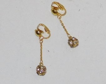 Rhinestone Clip On Earrings, Long, Dangle, Drop, Clear Rhinestones, Rhinestone Ball, Chain, Gold Tone, Art Nouveau, Avant Garde, Boho