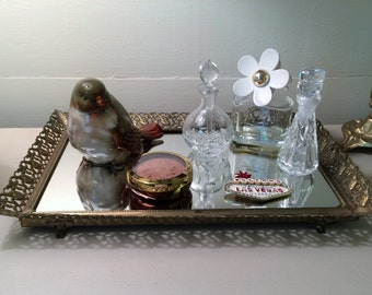 Tray Mirrored Tray Perfume Tray Vanity Mirror Rectangular Tray Make Up Tray Dressing Mirror Footed Tray Vintage Gold Tray Filigree Tray