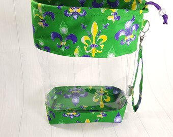 Medium Clear Knitting Project Bag, Fleur de Lis on Green, Clear Vinyl Bag, drawstring Clear window project bag CVM0005