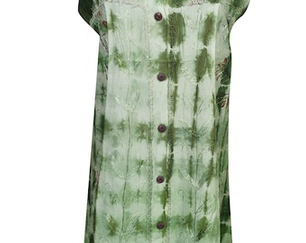 Green Tie Dye Embroidered Shift Dress Button Front Sleeveless Tie Back Hippie Chic Summer Dresses M