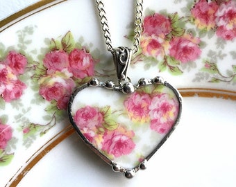 Dishfunctional Designs - Antique French porcelain - broken china jewelry heart pendant necklace - soft pink roses