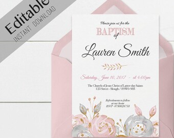 Baptism Invitation Girl, Editable PDF, Girl Invitation pink grey watercolor, gold, Baptism Invite, No Photo Needed, Invitation Template