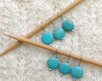 knitting stitch markers - snag free - turquoise semi precious stones 12mm flat round - set of 6 8 10 or 12 - three loop sizes available