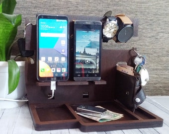 Birthday Husband gift for Men Birthday Double Charging Iphone Wood Docking Station Wood Organizer Wood Dock Personalization gift Anniversary