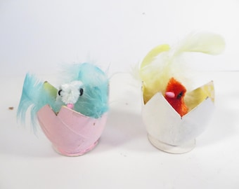 Vintage Chenille Easter Chicks Decorations - Pair of Easter Chicks in Egg Shells