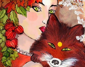 Illustration /La Lady and the Fox/mixed media / digital print