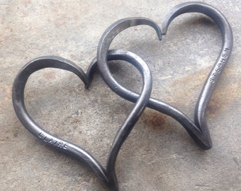 6th Wedding Anniversary Gift, Iron Anniversary, Pair of Interlinked Iron Hearts Personalized, His and Hers Hearts