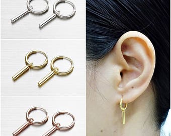 925 Sterling Silver Earrings, Bar Earrings, Gold Plated Earrings, Rose Gold Plated, Hoop Earrings (Code : EY52A)