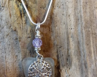 Genuine Sea Glass sand dollar necklace sterling silver