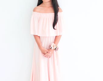 Flower Gril Dress, Nude Pink Off The Shoulder Flower Gril Dress, Flower Gril dresses, Baby dresses