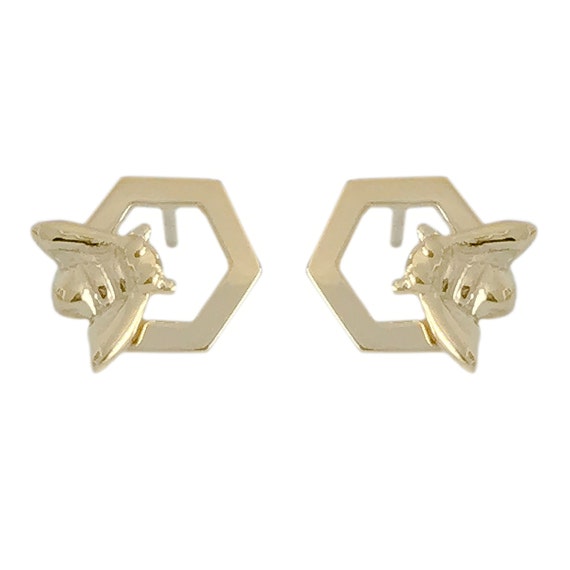 Honeybee Bumblebee Beehive 14K Solid Gold Bee Stud Earrings