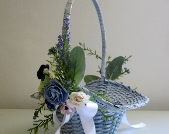Flower Girl Basket, Blue Wicker Basket, Rustic Wedding, Easter Basket, White Woven Basket, Vintage Basket, Navy Flower Basket, Small Basket