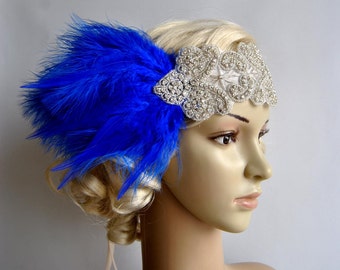 Royal Blue Rhinestone flapper Gatsby Headband Wedding Headband Crystal Headband Wedding Headpiece Bridal Headpiece, 1920s Flapper headband