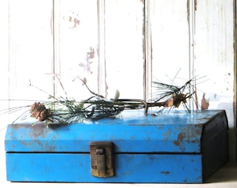 Metal Tool Box, Blue Metal Tool Box, Art Supplies Box, Rustic Industrial Storage