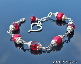 Red Pearl and Crystal Bracelet, Pearl Bracelet, Crystal Bracelet, Red Heart Bracelet, Red Jewelry, Pearl Jewelry, Valentines Day Gift