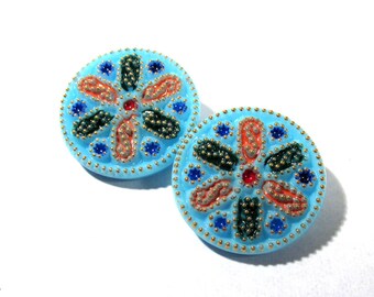 Czech Glass Buttons Hand Painted 27mm VINTAGE Czech Buttons Two (2) Blue Czech Glass Vintage Buttons Wedding Jewelry Supplies (N53)