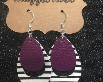 Black and white striped and purple earrings