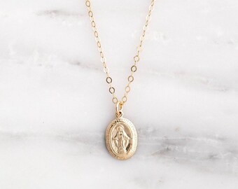 Virgin Mary Necklace, Dainty Gold Medallion Necklace, Mother Mary Pendant, Saint Mary, Religious, Catholic, Gift, Unisex, Men, Coin Necklace
