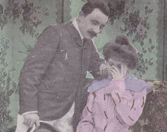 SALE 1907 Antique French postcard, Edwardian couple, real photo postcard (RPPC), paper ephemera. Price reduced.
