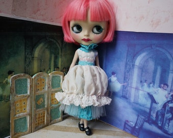 OOAK BLYTHE DRESS - Vintage Styled Shabby Elegance Tattered/Layered/Hand-Dyed Silk Dress - Pale Peach, White and Turqouise