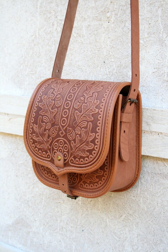 tooled light brown leather bag shoulder bag crossbody bag