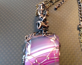 Pink banded agate stone pendant necklace wire wrapped in copper