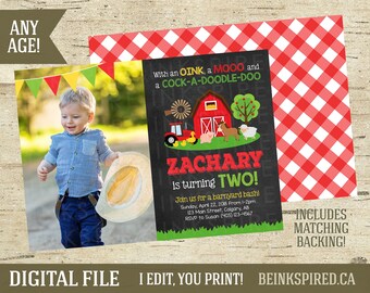 Barynard Invitation, Tractor Invitation, Farm Invitation, Farm Birthday, Farm Party, Farm Animals, Photo Invite, Chalk, ZAC, DIGITAL FILE