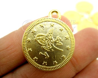 5 pc Coin Charms, Coin Pendants, Ottoman Coin Replica Charms, Turkish Coin, Turkish 22K Gold Plated, Coin Findings, Turkish Jewelry