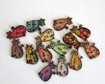Cat Buttons - Wood - 10 Count
