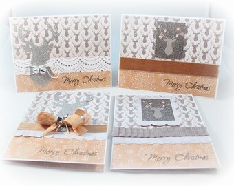 Christmas Card Set, Holiday Card Set, Handmade Card Set, Deer, Silver, Glitter, Set Of Four Cards, Holiday Gift Enclosures