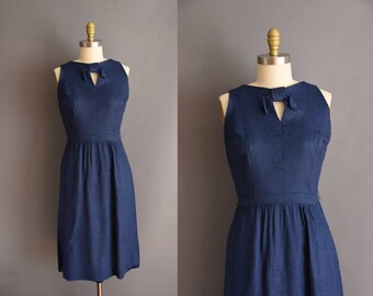 vintage 1950s dark blue Alison Ayres linen dress 50s blue keyhole cut out Medium dress