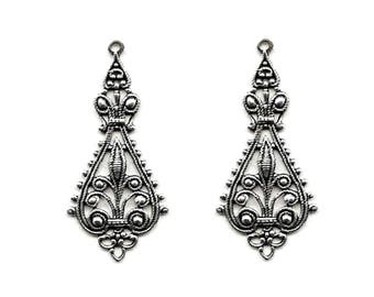 2 pendentifs gouttes filigranes plaqué argent oxydé, 43x20mm