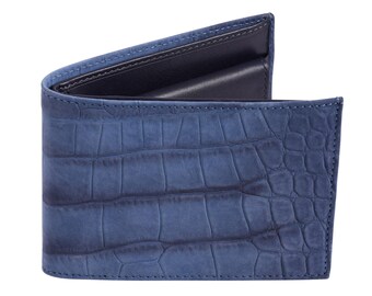 Calfleather wallet Blue with crocodile print