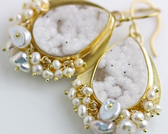 White Druzy 22k Gold Earrings with Freshwater Pearls