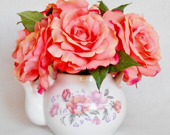 Teapot Silk Flower Arrangement, Coral/Apricot Roses, White Floral Teapot, Teapot Artificial Flower Arrangement, Silk Floral Home Decor,