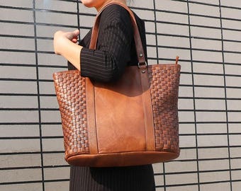 Brown Leather Tote, Leather Tote Bag, Leather Shoulder Bag, Large Leather Tote , Woman Leather Bag, Leather Woven Bag, Leather Crossbody Bag